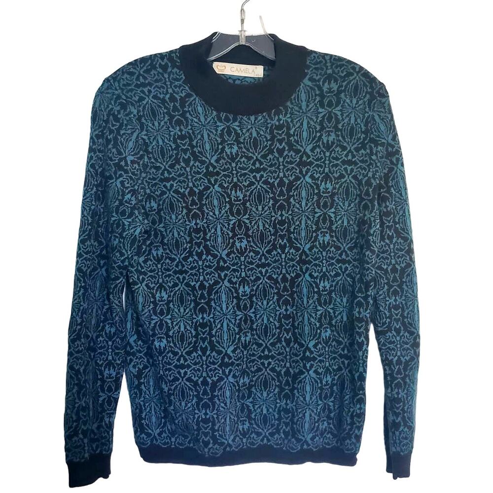 Vtg Camela Woolmark Wool Blend Sweater Size S Teal Black Aztec Gorpcore Pullover